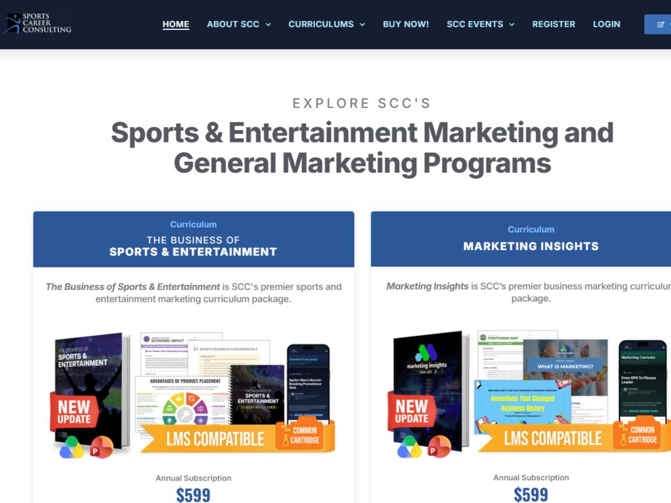 Sports Career Consulting homepage: “Sports & Entertainment Marketing and General Marketing Programs”